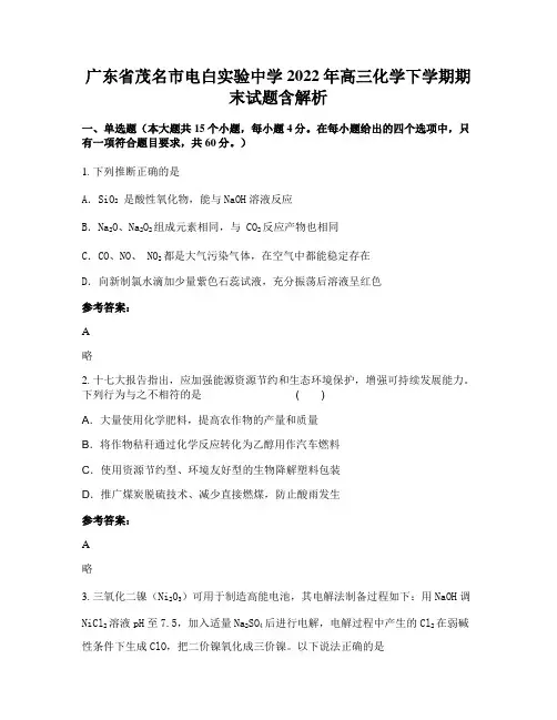 广东省茂名市电白实验中学2022年高三化学下学期期末试题含解析