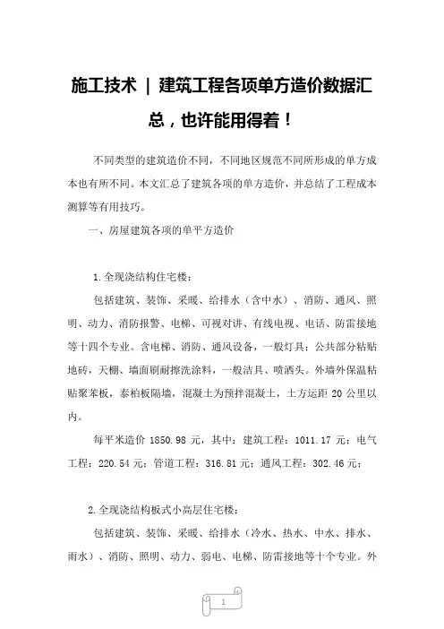 2022年施工技术 - 建筑工程各项单方造价数据汇总,也许能用得着!