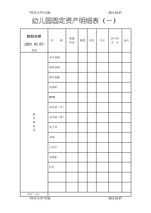 2021年幼儿园固定资产明细表