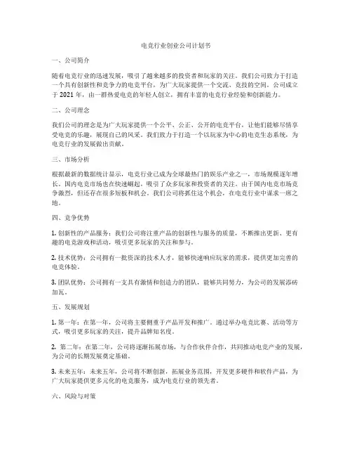 电竞行业创业公司计划书