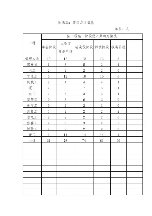 附表三 劳动力计划表