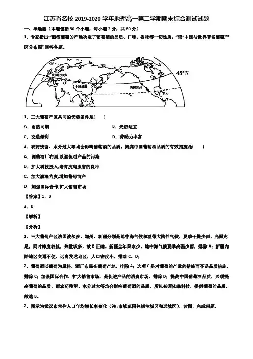 江苏省名校2019-2020学年地理高一第二学期期末综合测试试题含解析