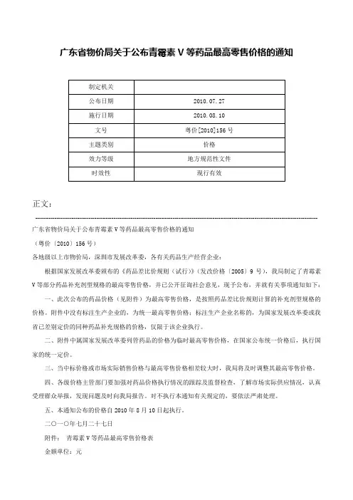 广东省物价局关于公布青霉素V等药品最高零售价格的通知-粤价[2010]156号