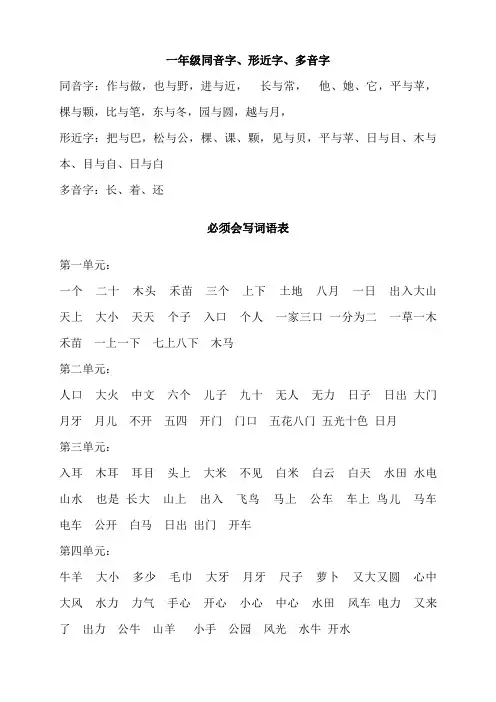 一年级同音字、形近字、多音字