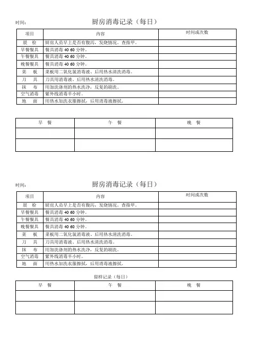 幼儿园厨房每日消毒留样表