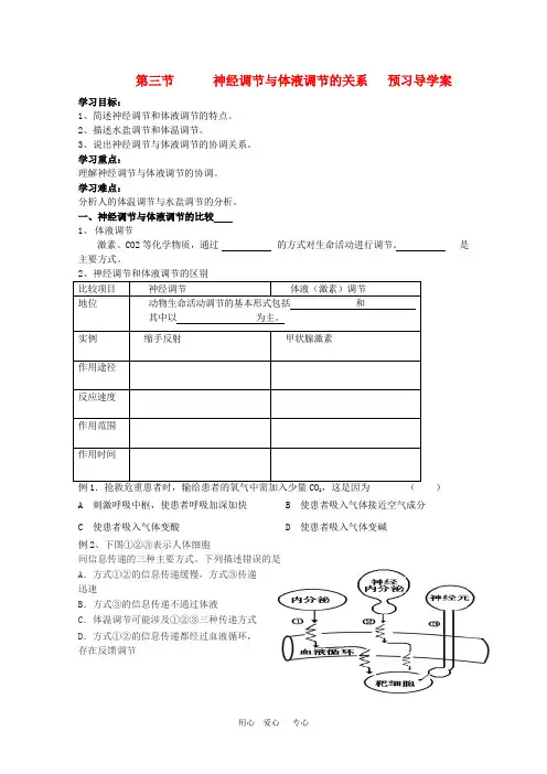 高二生物 神经调节与体液调节的关系导学案 人教版