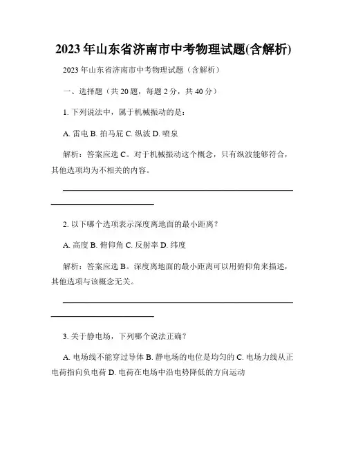 2023年山东省济南市中考物理试题(含解析)