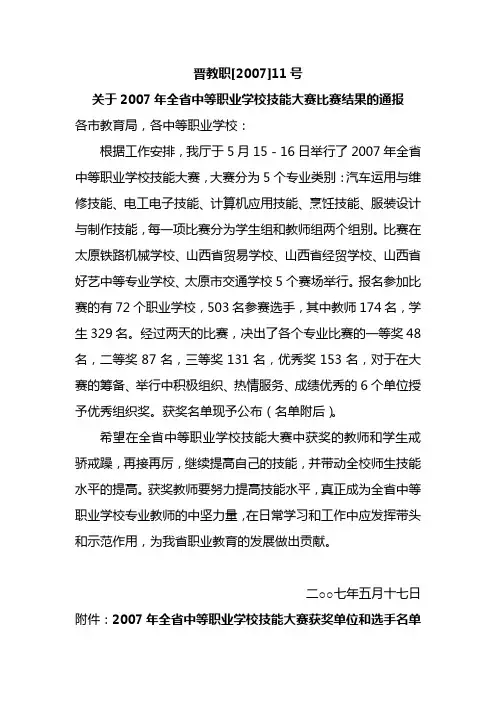 关于2007年全省中等职业学校技能大赛比赛结果的通报