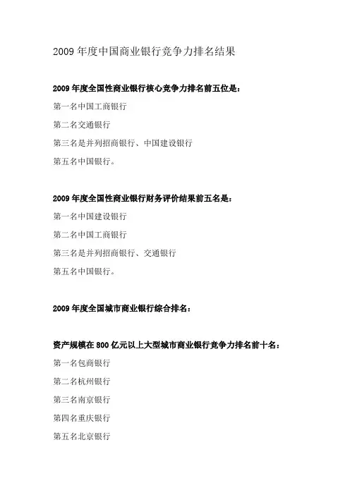 2009年度中国商业银行竞争力排名结果