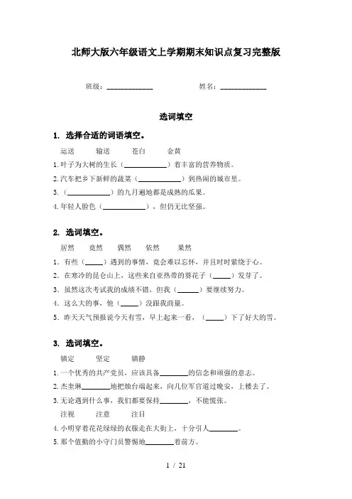 北师大版六年级语文上学期期末知识点复习完整版