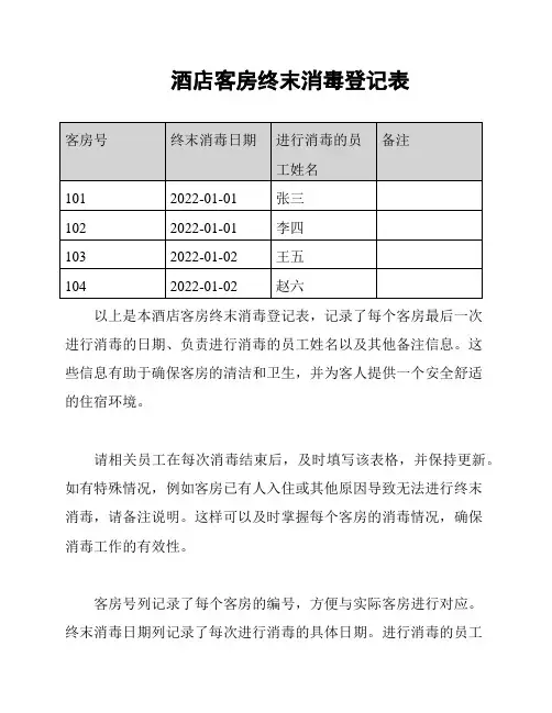 酒店客房终末消毒登记表