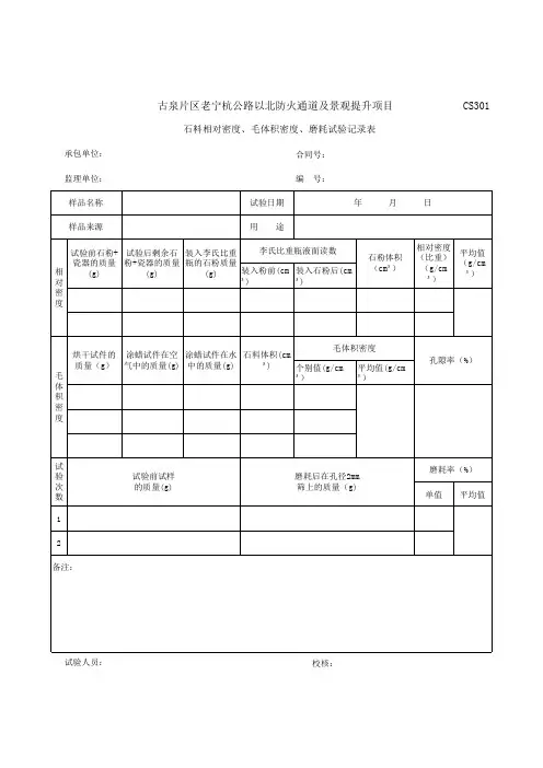 CS301石料相对密度、毛体积密度、磨耗试验记录表