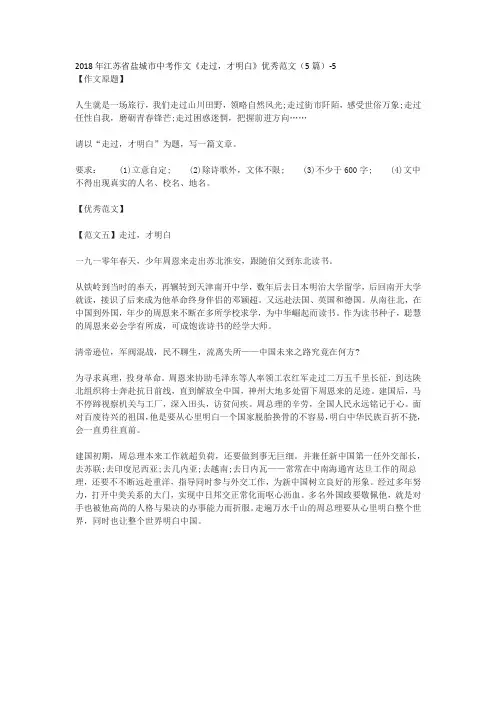 2018年江苏省盐城市中考作文《走过,才明白》优秀范文(5篇)-5