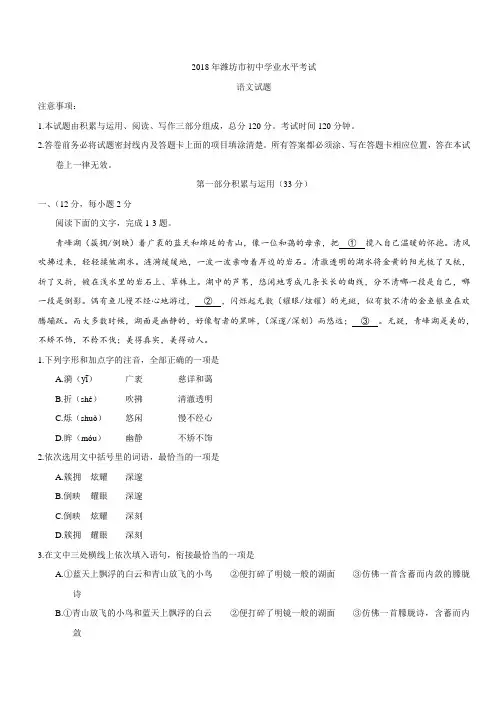 2018年山东省潍坊市中考语文试题(含答案)