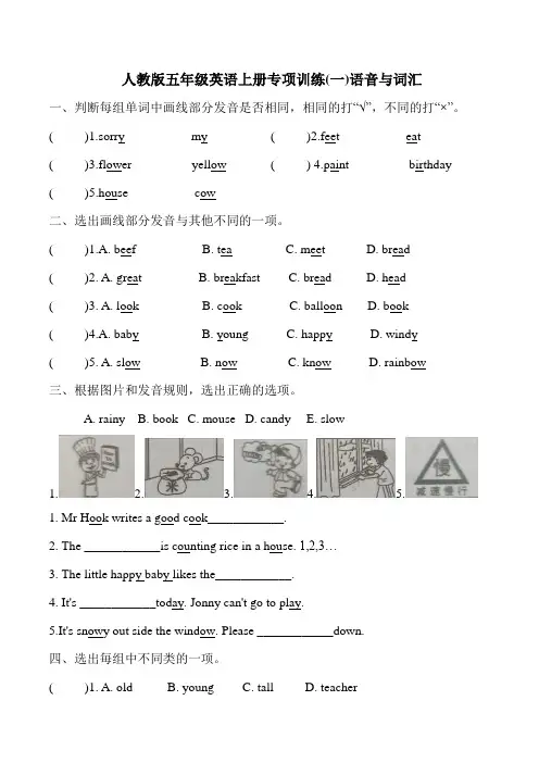 人教版五年级英语上册专项训练(一)语音与词汇(含答案)