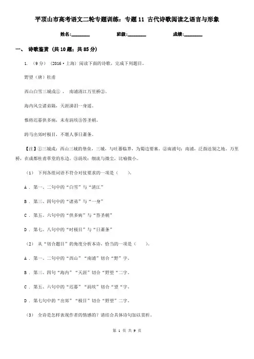 平顶山市高考语文二轮专题训练：专题11 古代诗歌阅读之语言与形象