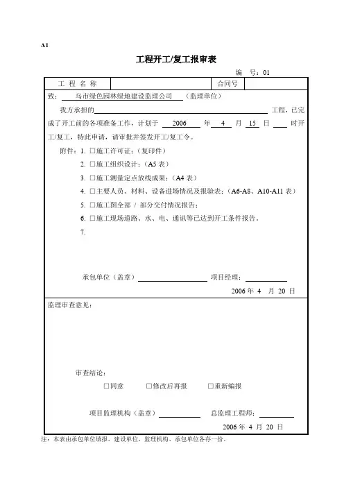 A1-工程开工复工报审表