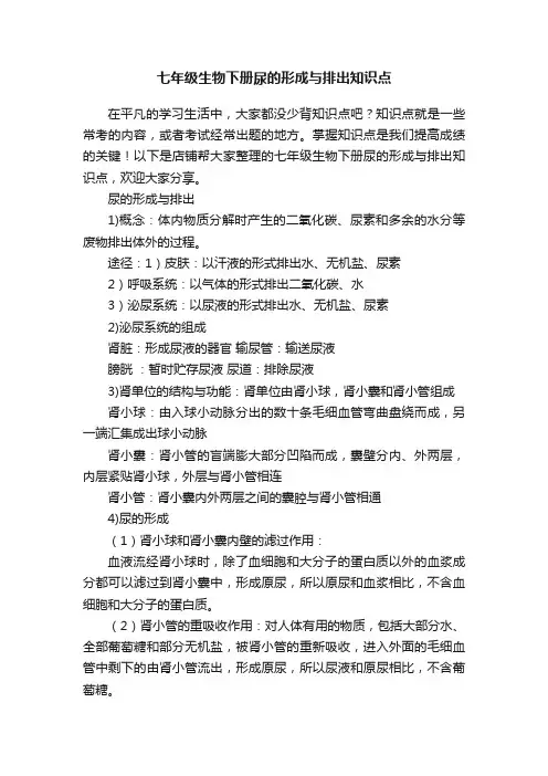 七年级生物下册尿的形成与排出知识点