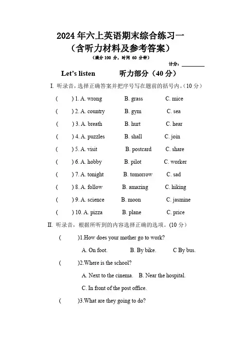 2024年六上(PEP)英语期末综合练习一
