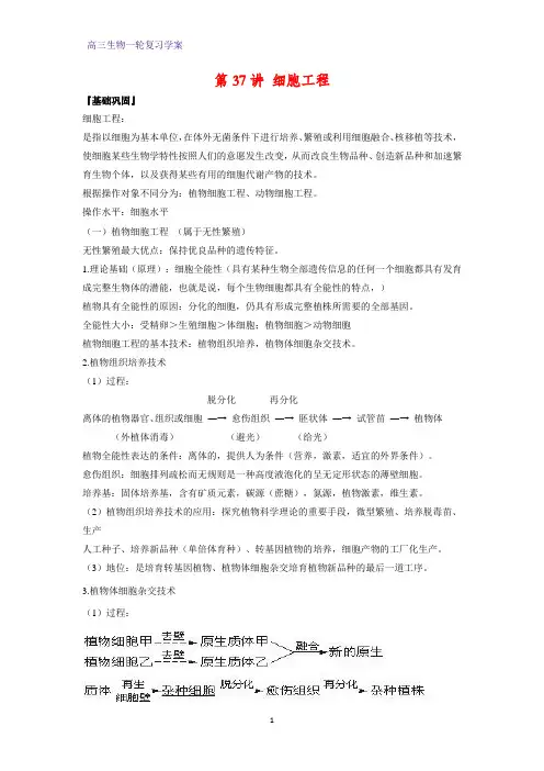 高三生物一轮复习精品学案2：第37讲 细胞工程
