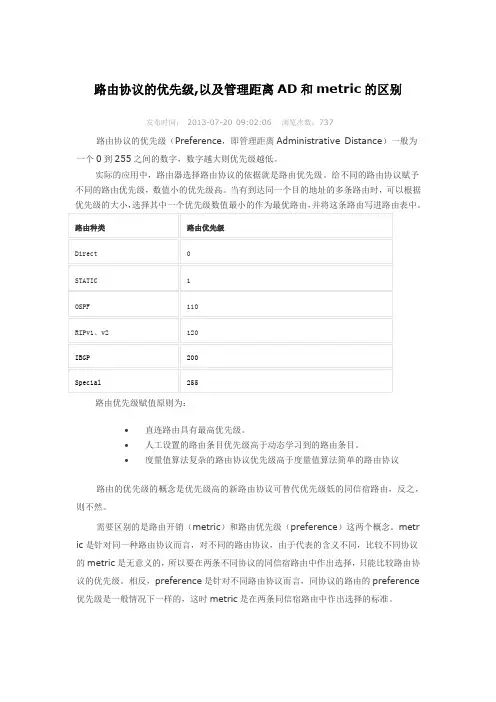 路由协议的优先级,以及管理距离AD和metric的区别