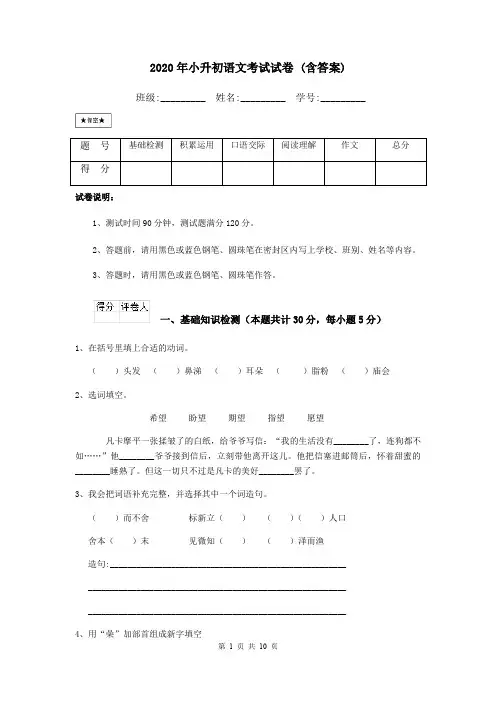 2020年小升初语文考试试卷 (含答案)