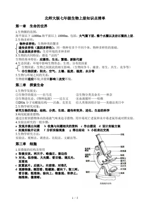 北师大版七年级生物上册知识点清单