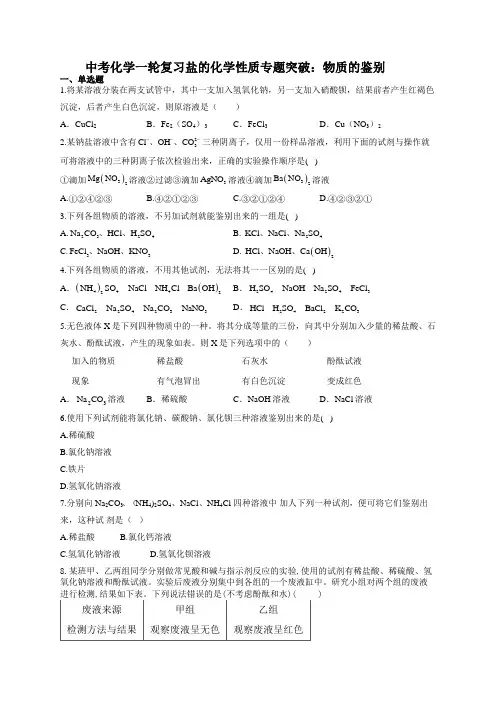 中考化学一轮复习盐的化学性质专题突破：物质的鉴别(有答案)