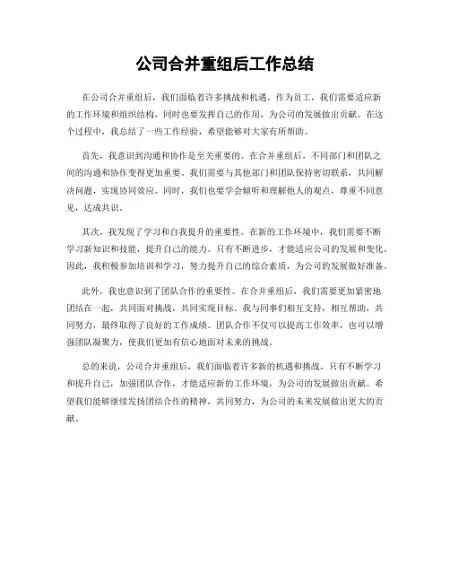 公司合并重组后工作总结