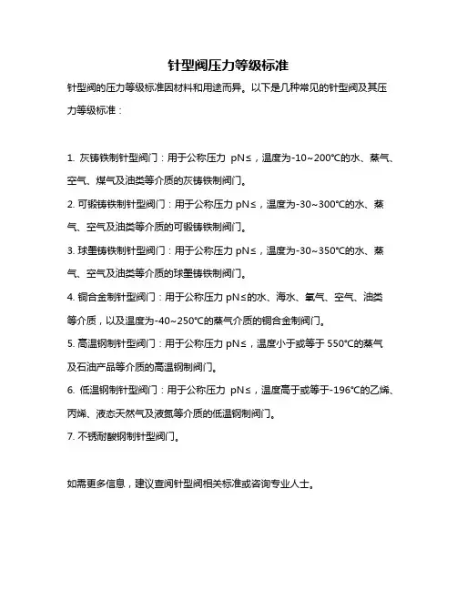 针型阀压力等级标准