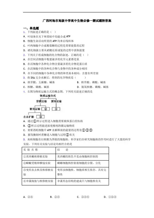 广西河池市高级中学高中生物必修一测试题附答案
