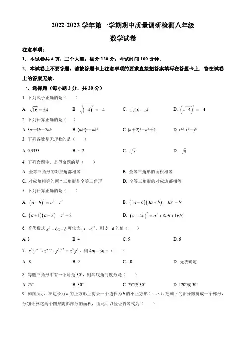 河南省洛阳市伊川县2022-2023学年八上期中数学试卷(华师版、含解析)
