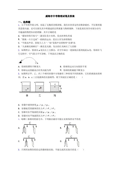 威海市中考物理试卷及答案