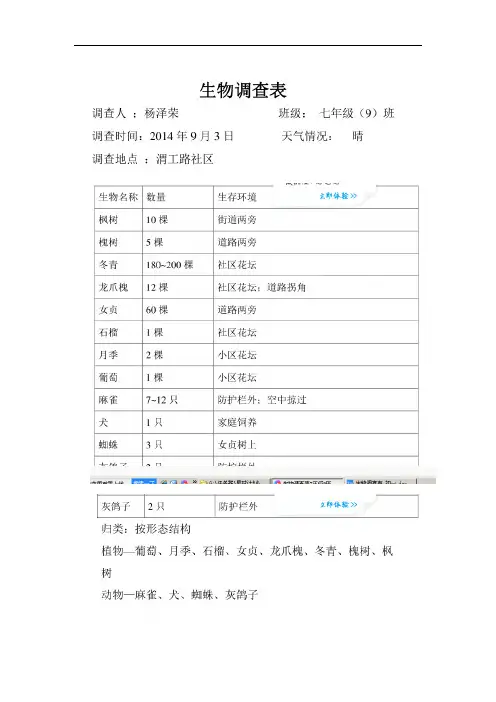 生物调查表 初一