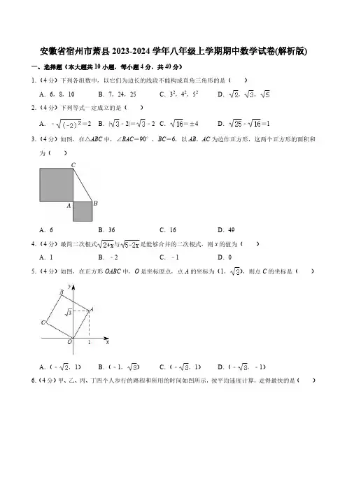 【八上BS数学】安徽省宿州市萧县2023-2024学年八年级上学期期中数学试卷 