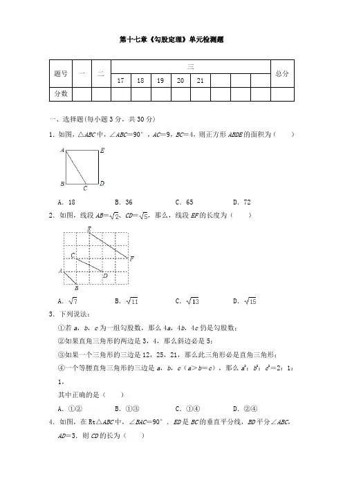 2020--2021学年人教版八年级数学下册第十七章《勾股定理》单元同步检测试题(含答案)