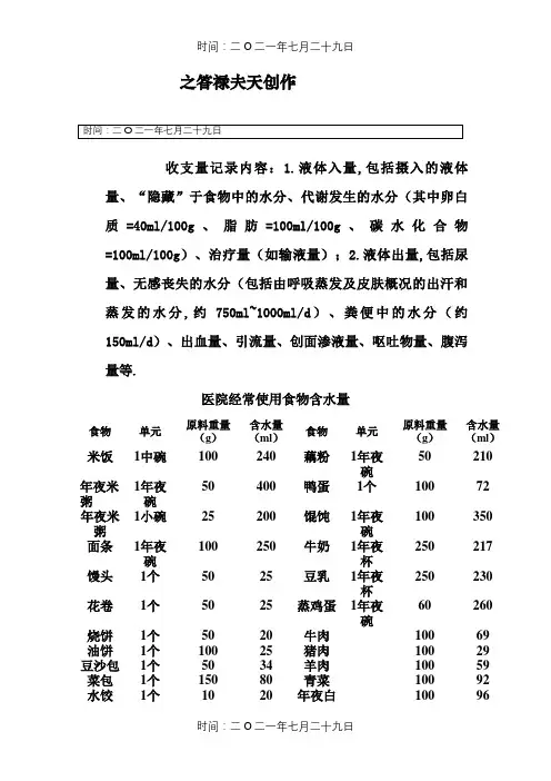 医院常用食物含水量表