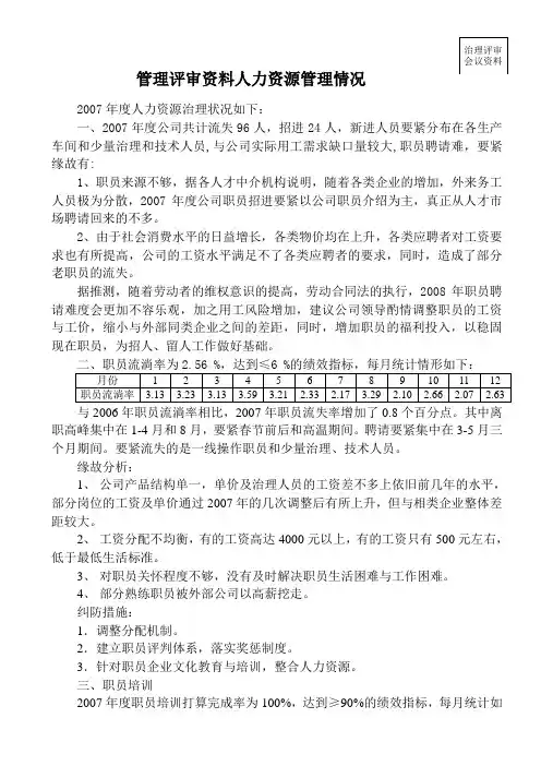 管理评审资料人力资源管理情况