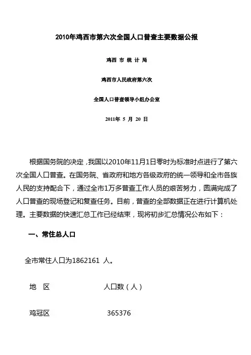 2010年鸡西市第六次全国人口普查主要数据公报