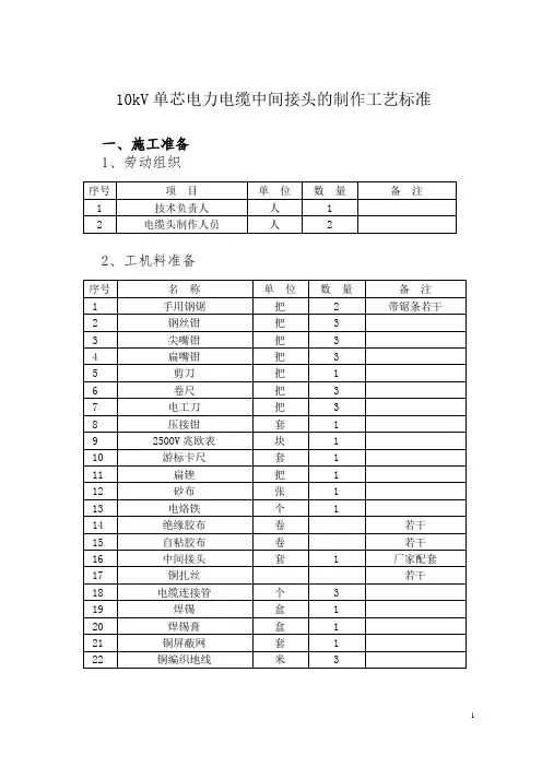 10kV单芯电力电缆中间接头的制作工艺标准