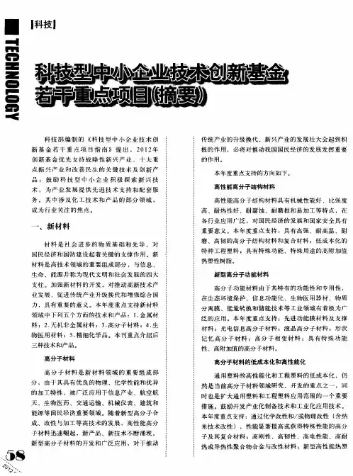 科技型中小企业技术创新基金若干重点项目(摘要)