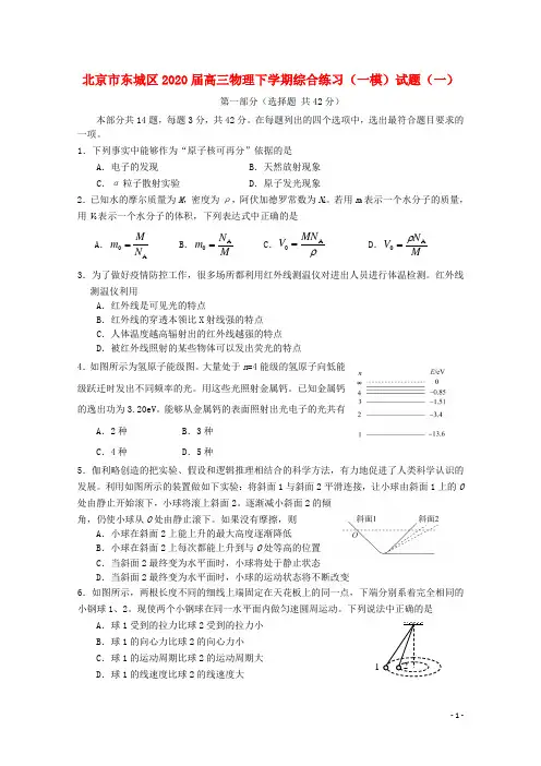 北京市东城区2020届高三物理下学期综合练习(一模)试题(一)