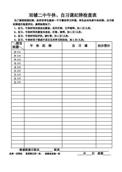 午休自习课纪律检查表