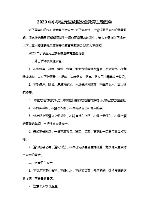 2020年小学生元旦放假安全教育主题班会