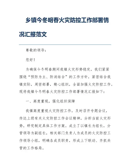 乡镇今冬明春火灾防控工作部署情况汇报范文