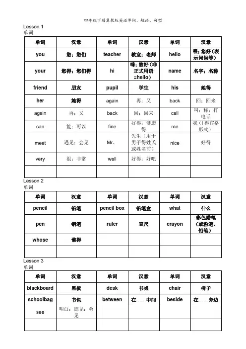 四年级下册冀教版英语单词、短语、句型