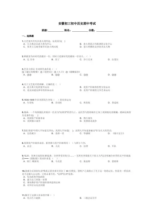 安徽初三初中历史期中考试带答案解析
