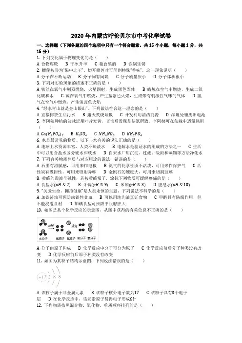 2020年内蒙古呼伦贝尔市中考化学试卷(化学中考真题含答案)
