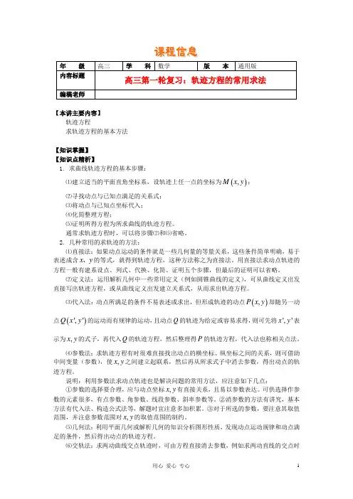 高三数学第一轮复习 轨迹方程的常用求法素材