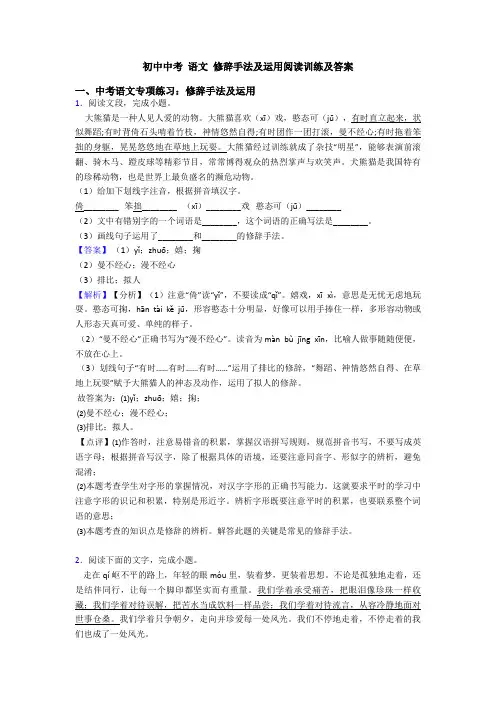 初中中考 语文 修辞手法及运用阅读训练及答案